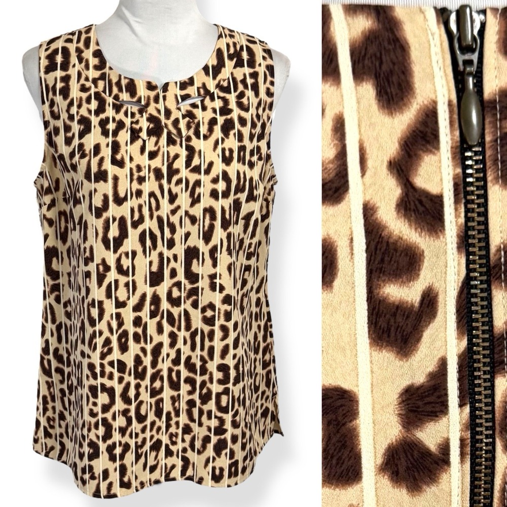 CAbi Sleeveless Blouse Size Small Boxy Striped Leopard Print Bow Back Zip Career
